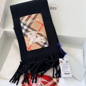 Burberry Check Label Cashmere Scarf in White Box with Blue Ribbon and Logo